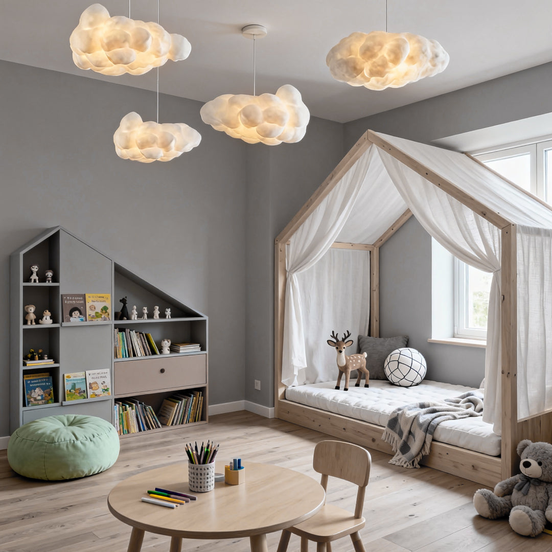 Cloud pendant light above an indoor play area