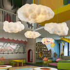 Cluster of cloud pendant lights over an indoor playground