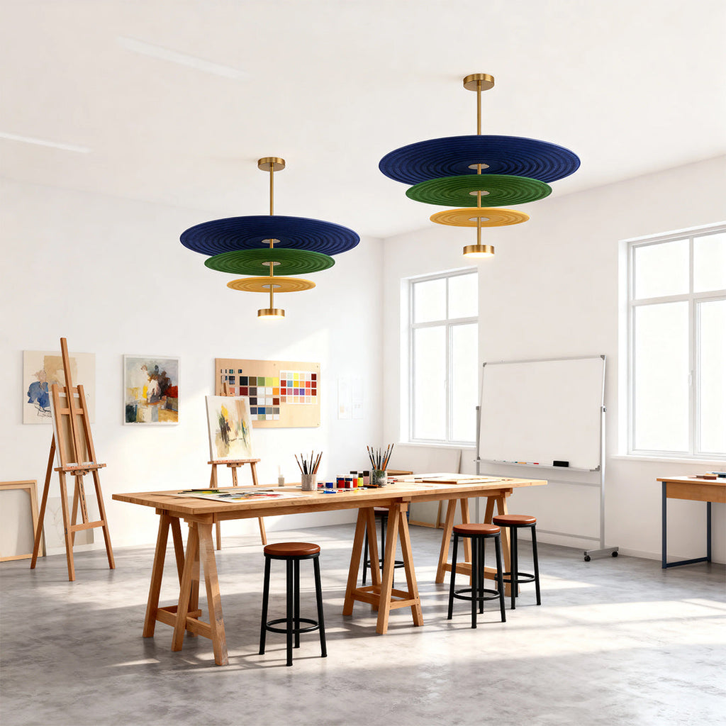 Colorful felt chandelier in an art studio workspace