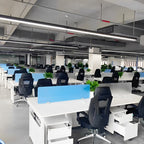 Row of linear pendant lights above an open office
