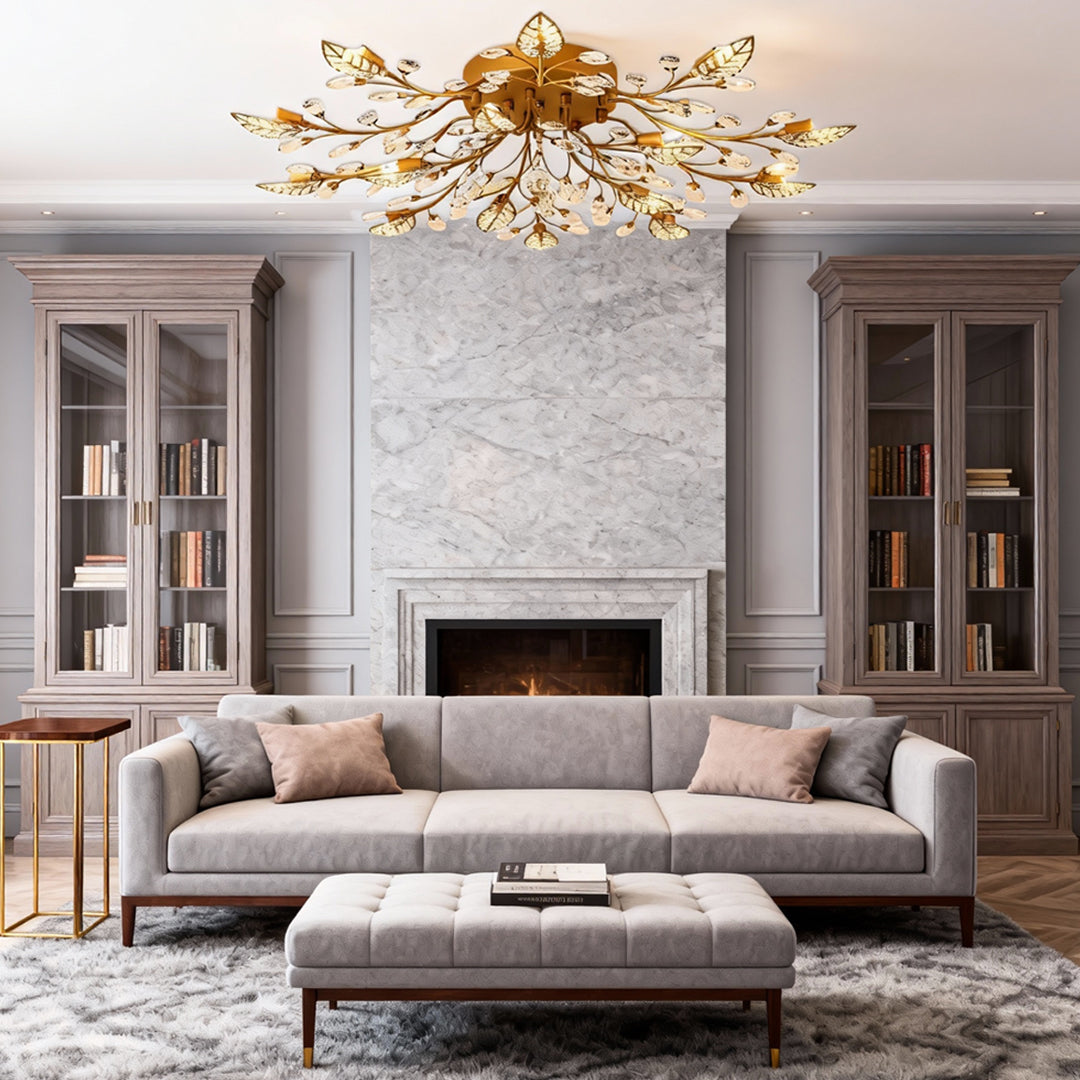 Brass Branch Crystal Chandelier, Leaf-Inspired Ceiling Light for Dining Rooms and Entryways, Fifteen-Light Sparkling Canopy