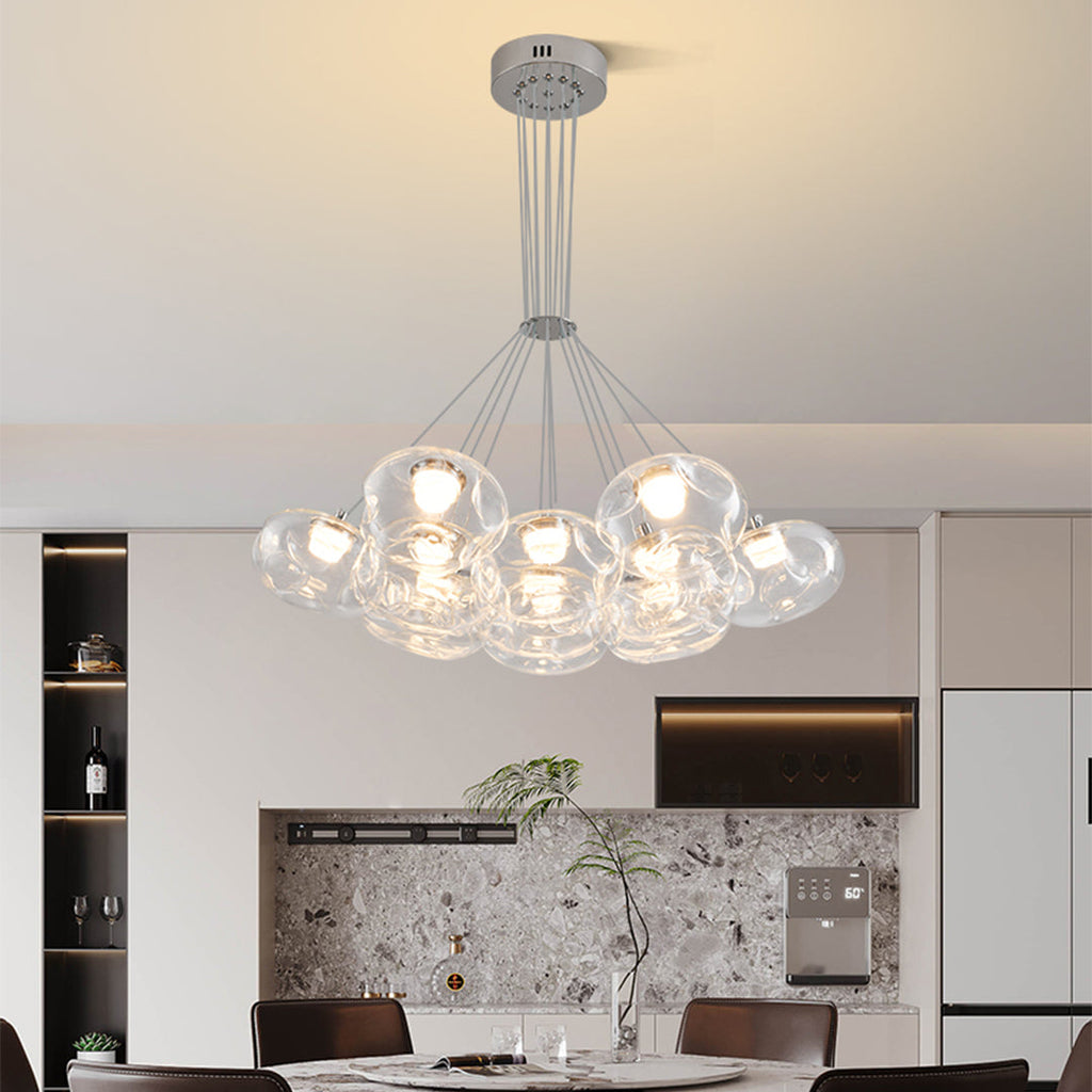 Multi-light chandelier giving ambient light in a contemporary dining room