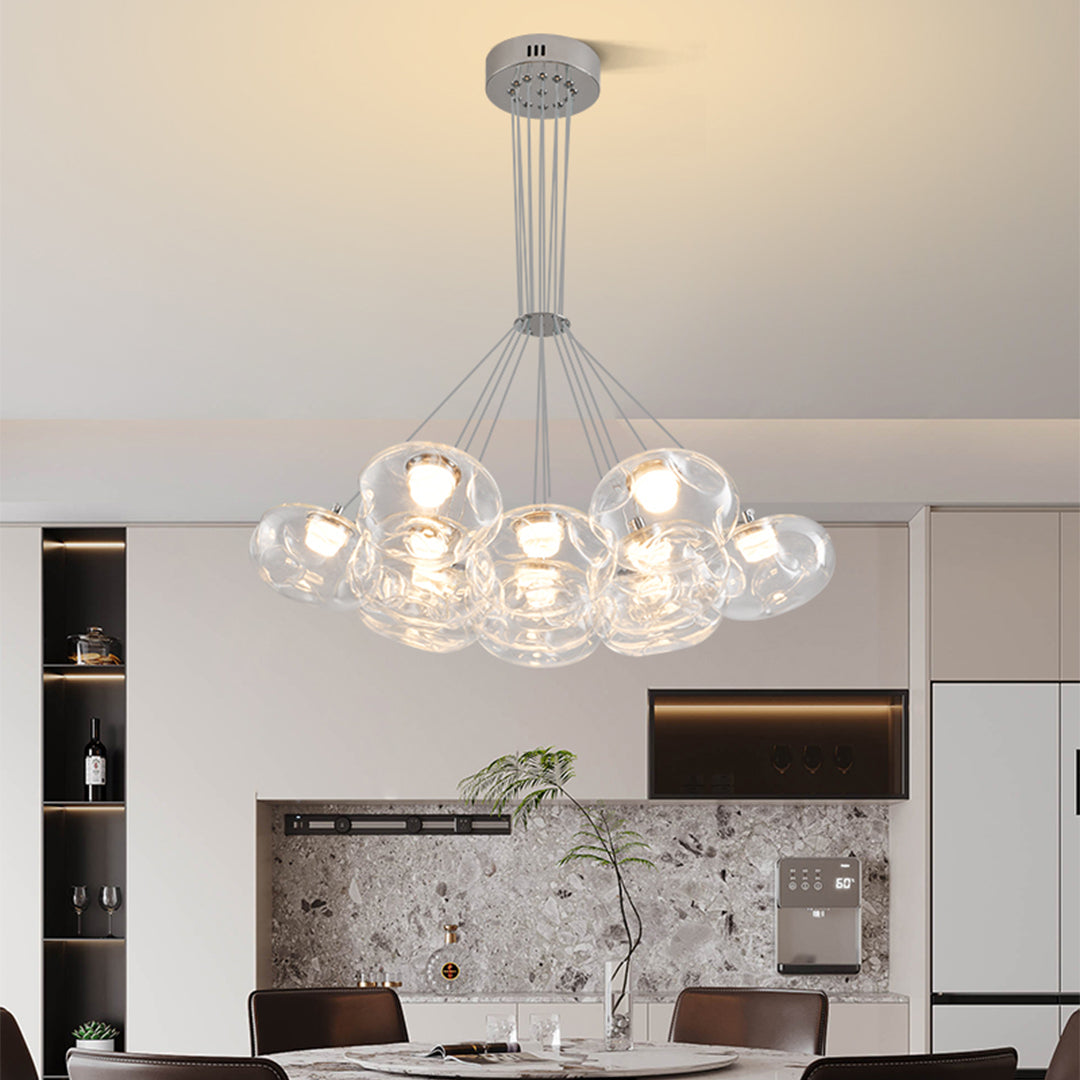 Multi-light chandelier giving ambient light in a contemporary dining room