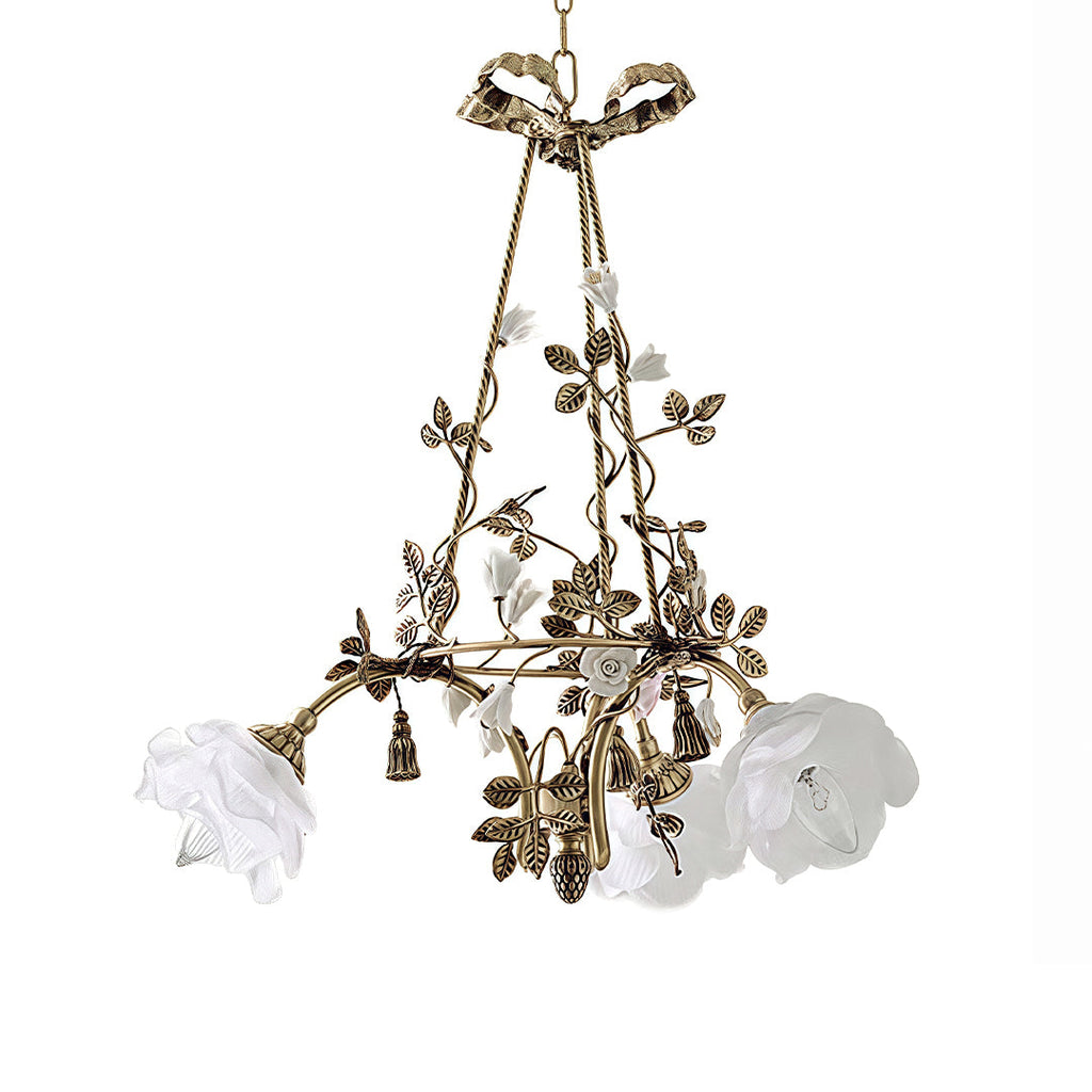 Brass branches holding frosted floral glass shades
