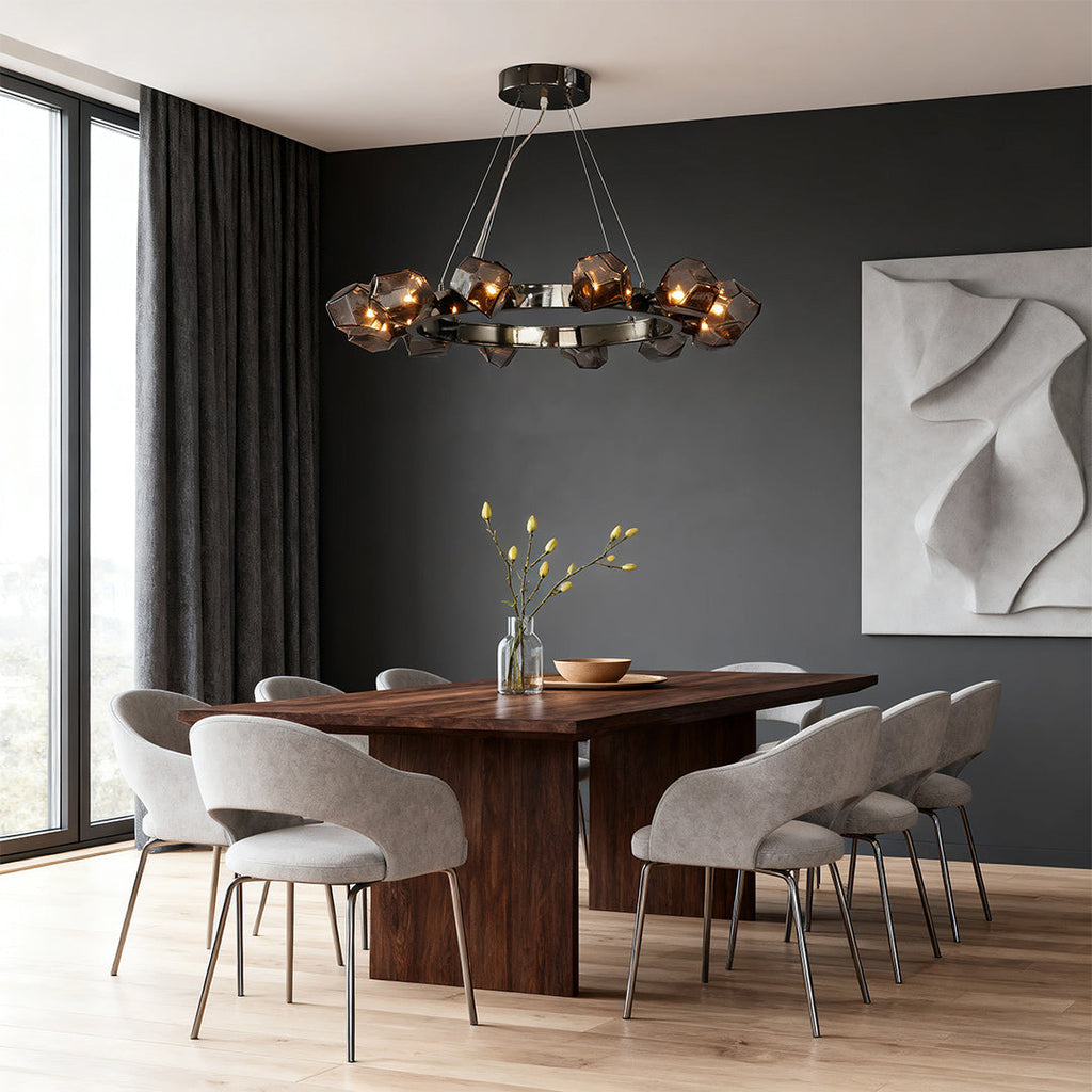 Round Chandelier, Black Metal and Clear Glass Ring Ceiling Light for Entryway, Adjustable Cord