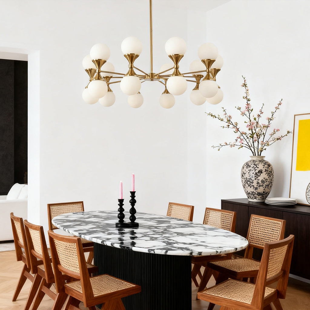 Sparkling bubble chandelier hanging above a kitchen island