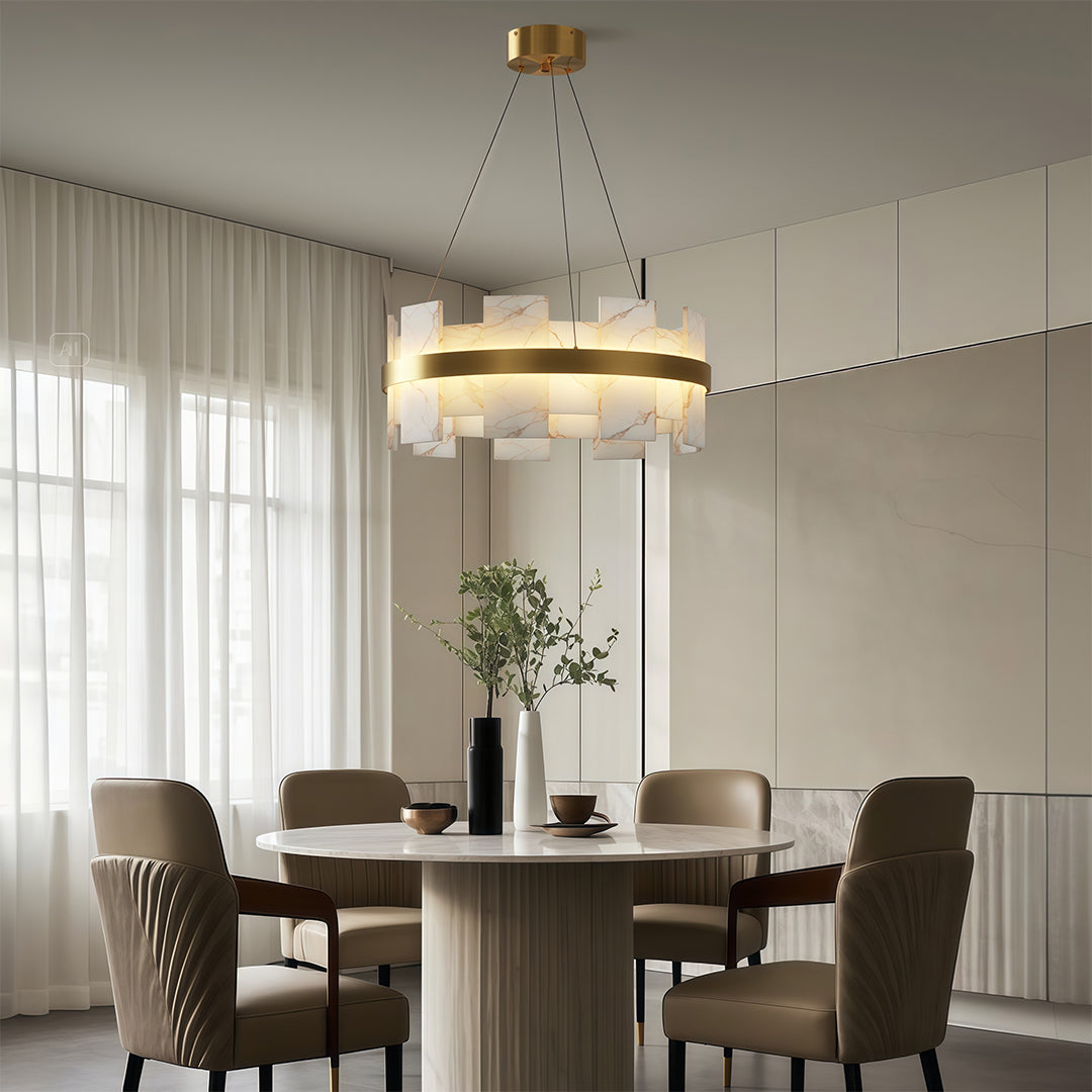 Modern Chandelier, Brass and Marble Ring Ceiling Light for Dining Room, 3-Color Temperature LED