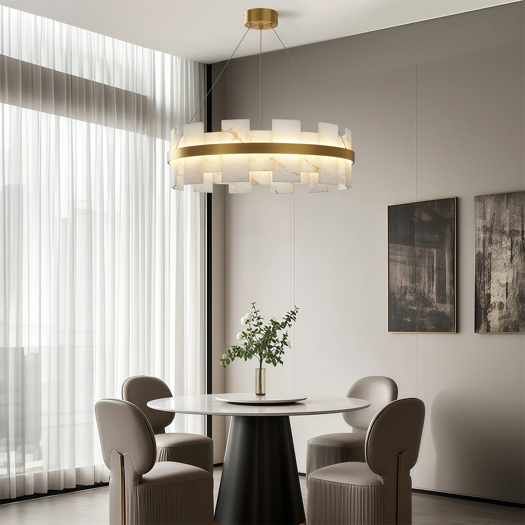 Modern Chandelier, Brass and Marble Ring Ceiling Light for Dining Room, 3-Color Temperature LED