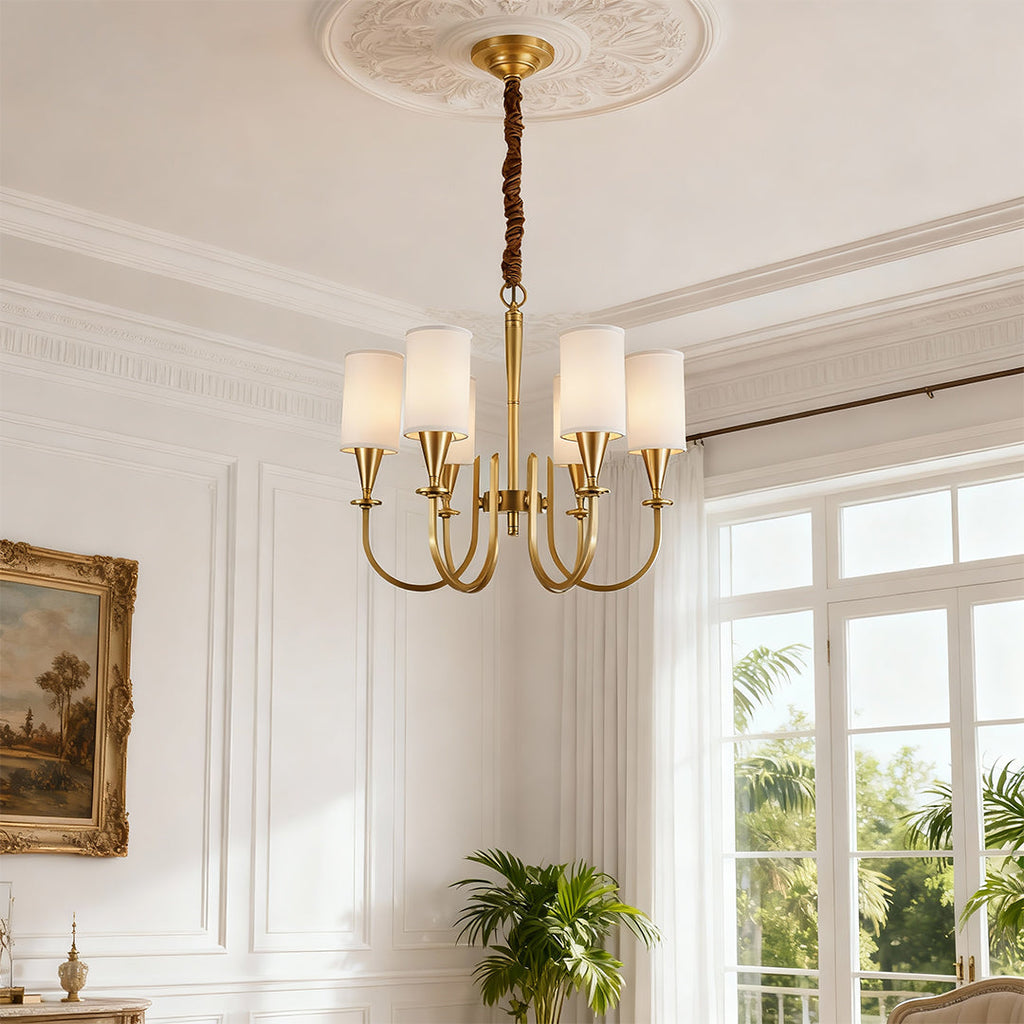 Copper chandelier in an elegant living room with white walls