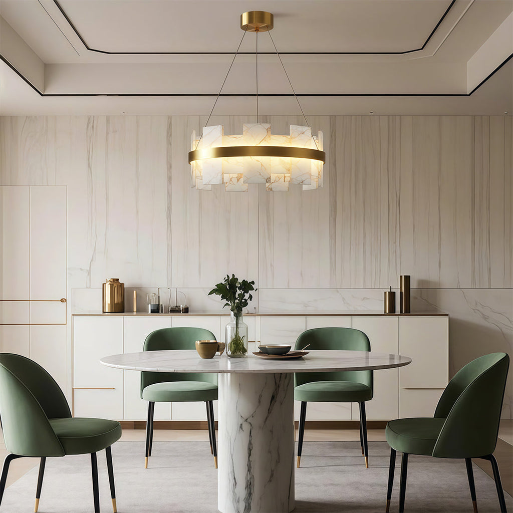 Modern Chandelier, Brass and Marble Ring Ceiling Light for Dining Room, 3-Color Temperature LED