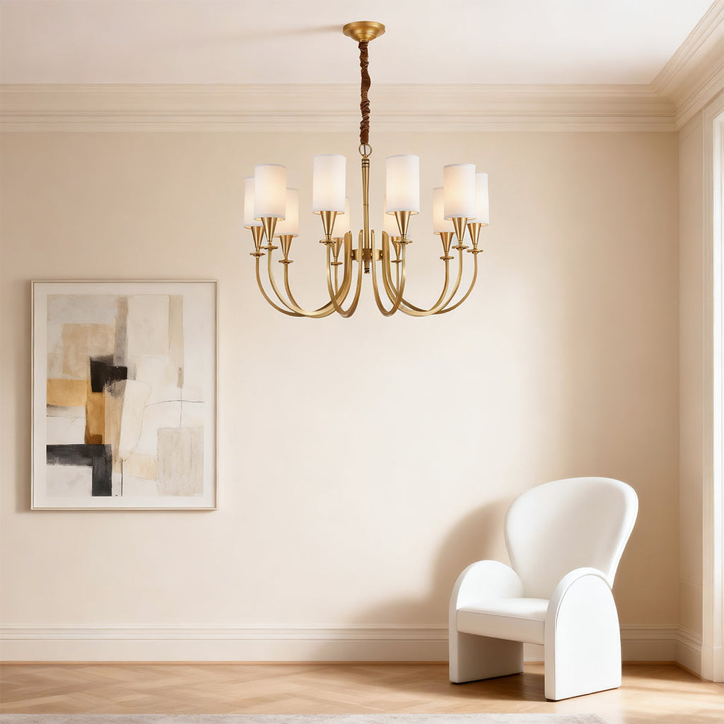 Copper chandelier in a minimalist room in neutral tones