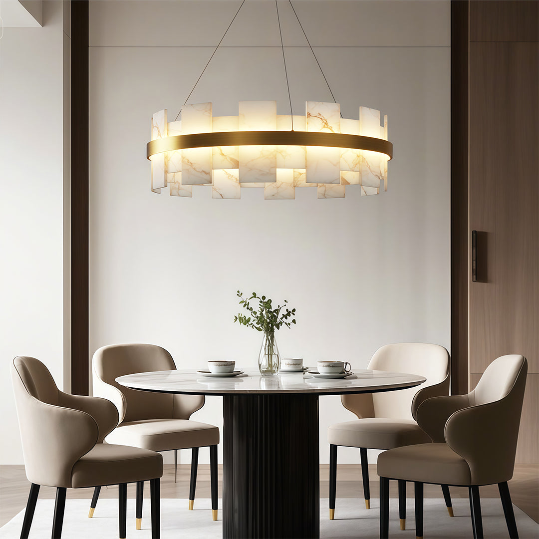 Modern Chandelier, Brass and Marble Ring Ceiling Light for Dining Room, 3-Color Temperature LED