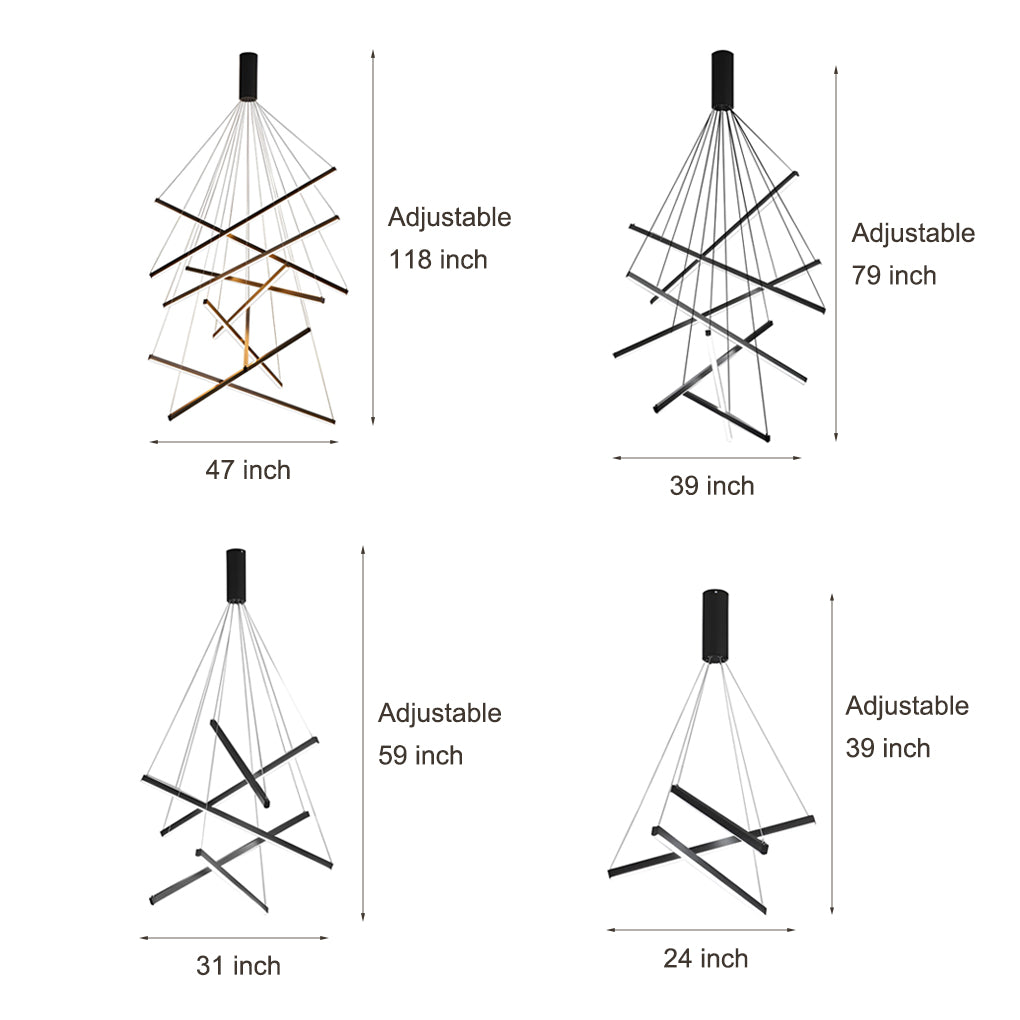 Linear Chandelier, Modern Criss-Cross Black Iron and Aluminum LED Ceiling Light for Dining Room and Living Space, 3 to 9 Lights