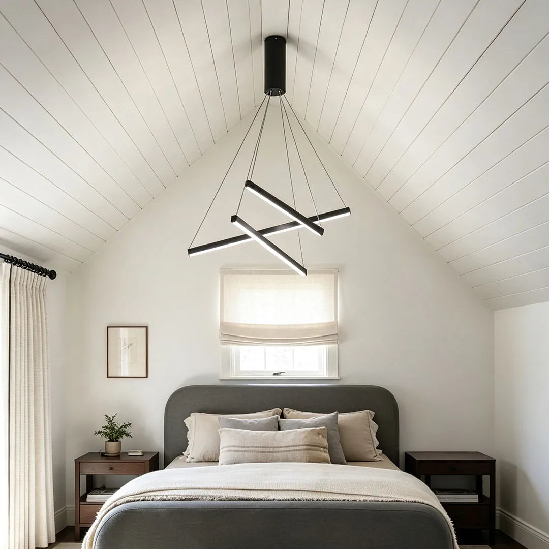 Linear Chandelier, Modern Criss-Cross Black Iron and Aluminum LED Ceiling Light for Dining Room and Living Space, 3 to 9 Lights