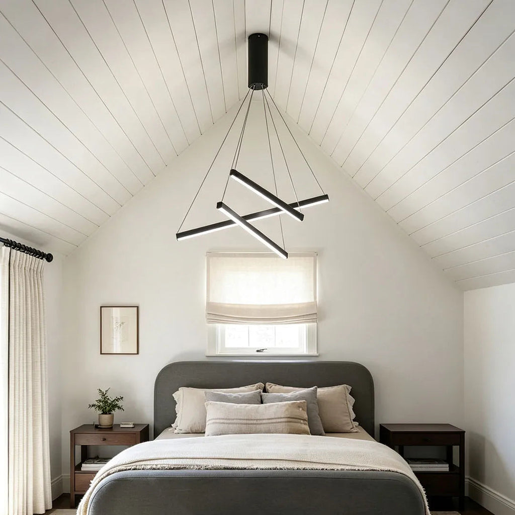 Staircase Chandelier, Black Iron and Aluminum LED Ceiling Light for Stairwell, Remote Dimmable