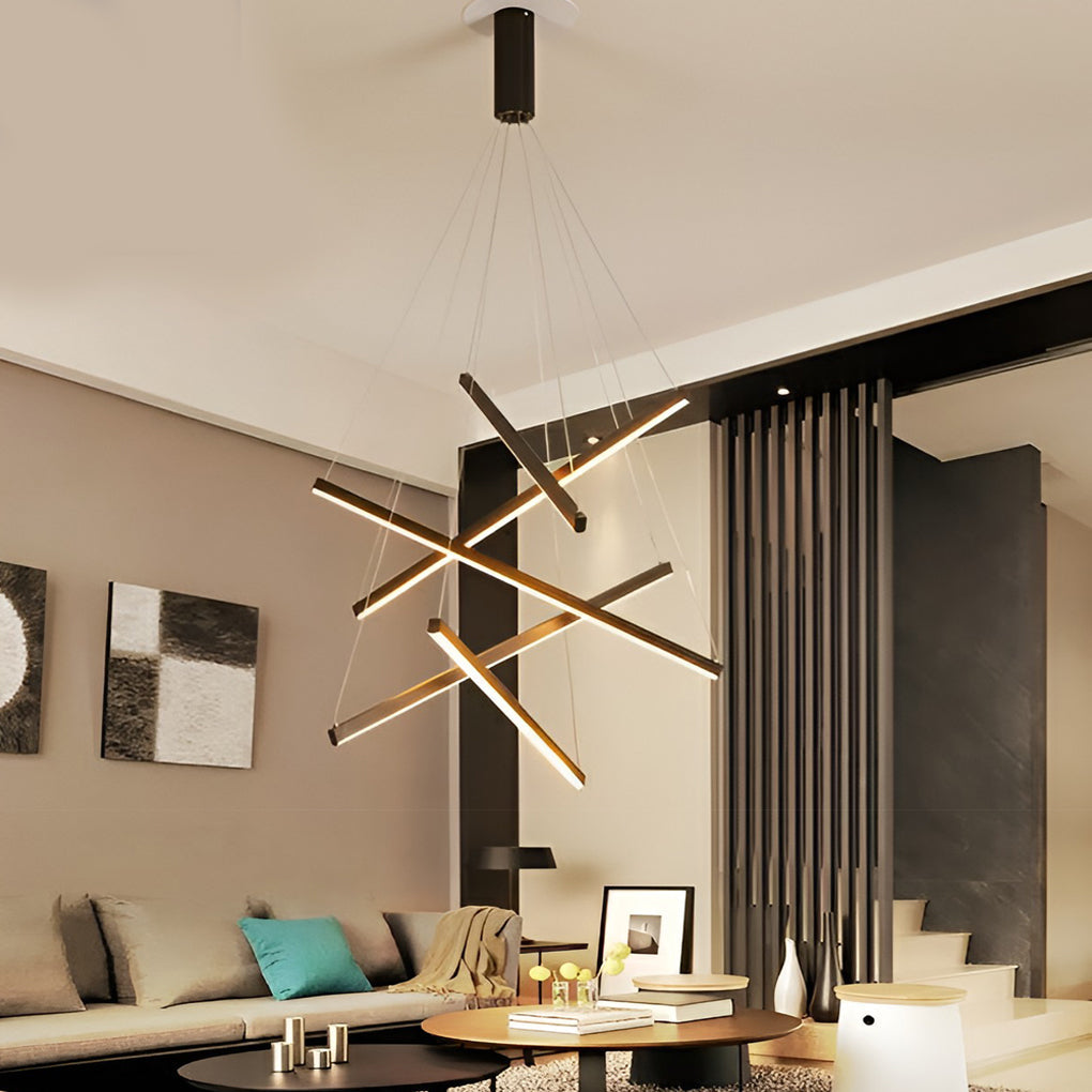 Linear Chandelier, Modern Criss-Cross Black Iron and Aluminum LED Ceiling Light for Dining Room and Living Space, 3 to 9 Lights
