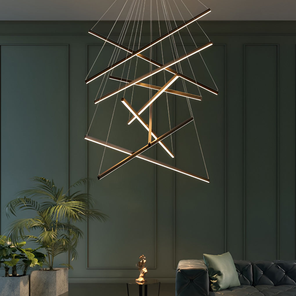 Linear Chandelier, Modern Criss-Cross Black Iron and Aluminum LED Ceiling Light for Dining Room and Living Space, 3 to 9 Lights