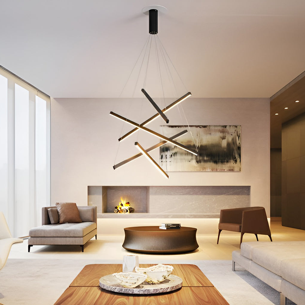 Linear Chandelier, Modern Criss-Cross Black Iron and Aluminum LED Ceiling Light for Dining Room and Living Space, 3 to 9 Lights