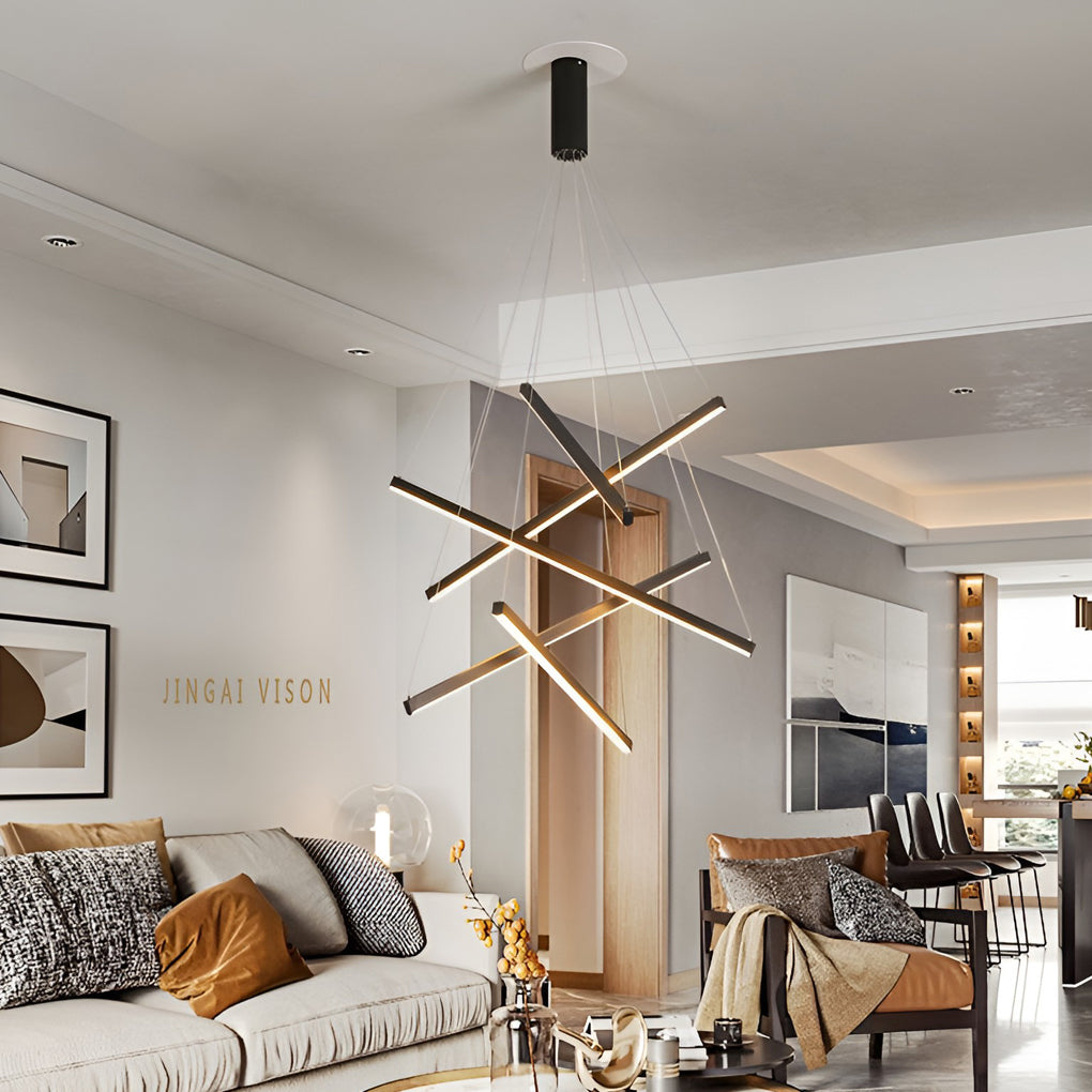 Linear Chandelier, Modern Criss-Cross Black Iron and Aluminum LED Ceiling Light for Dining Room and Living Space, 3 to 9 Lights