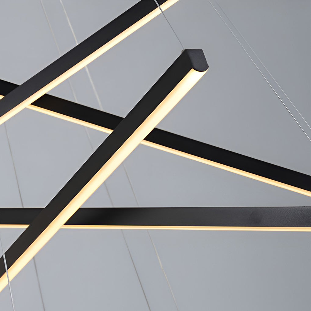 Linear Chandelier, Modern Criss-Cross Black Iron and Aluminum LED Ceiling Light for Dining Room and Living Space, 3 to 9 Lights