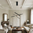 Criss-cross linear chandelier hanging in a living room