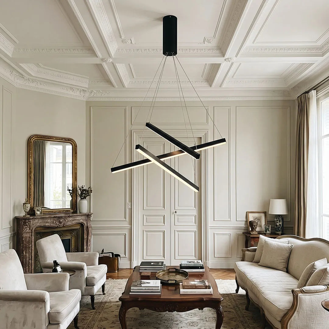 Staircase Chandelier, Black Iron and Aluminum LED Ceiling Light for Stairwell, Remote Dimmable