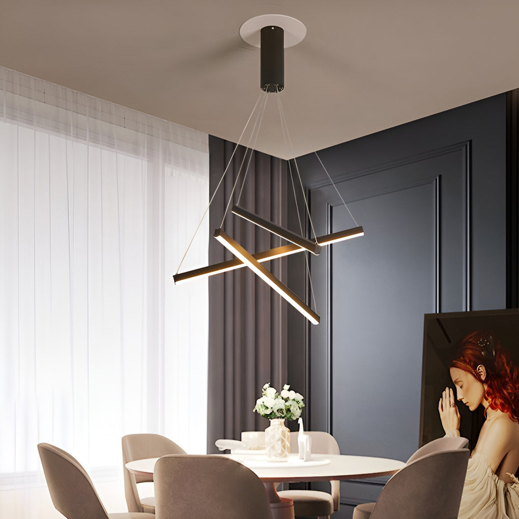 Linear Chandelier, Modern Criss-Cross Black Iron and Aluminum LED Ceiling Light for Dining Room and Living Space, 3 to 9 Lights