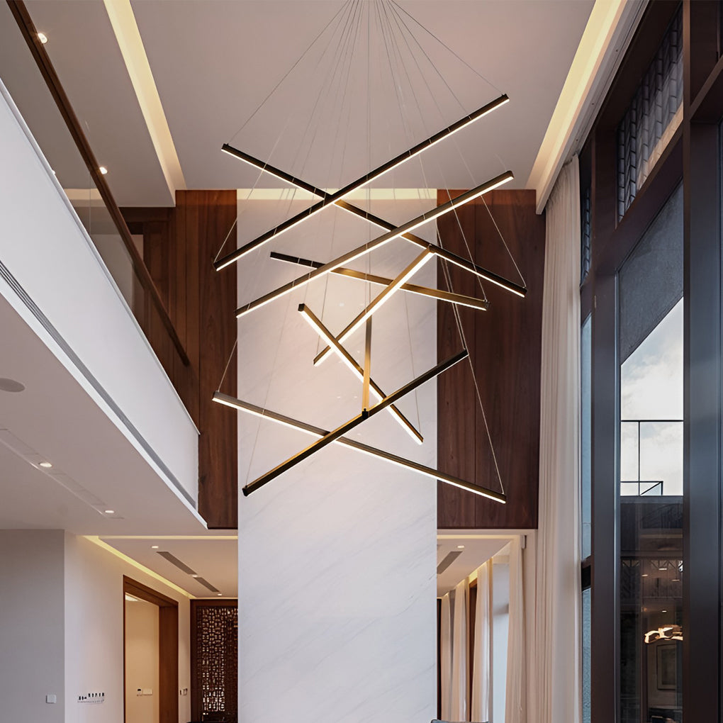 Linear Chandelier, Modern Criss-Cross Black Iron and Aluminum LED Ceiling Light for Dining Room and Living Space, 3 to 9 Lights