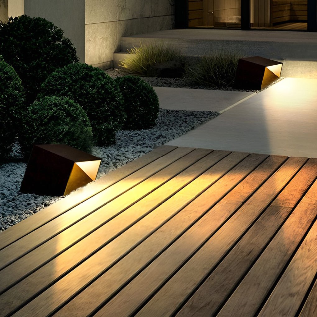 Cube Path Light, Geometric Stainless Steel and Glass LED Landscape Lamp for Garden and Walkway, Solar or Hardwired in Two Sizes