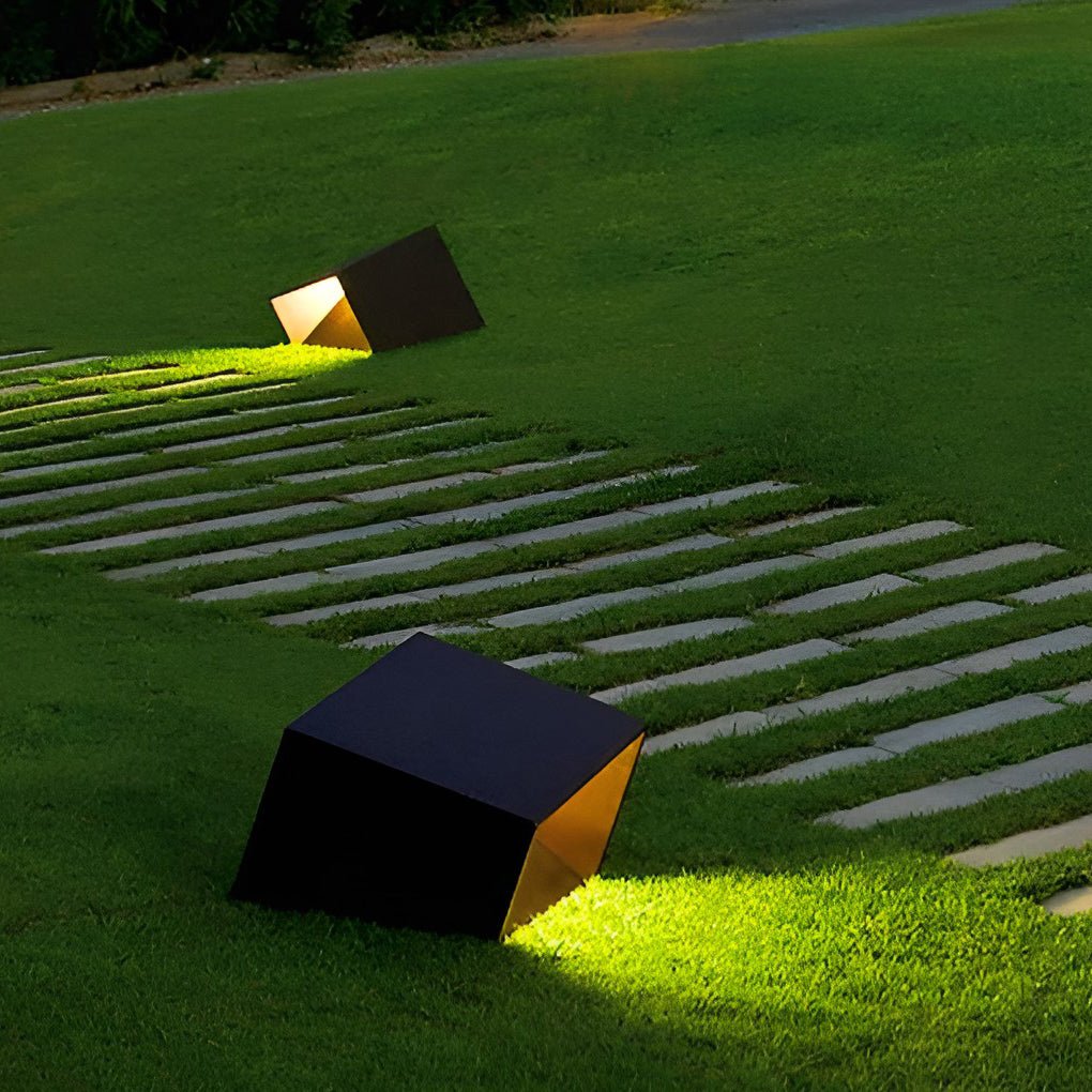 Cube Path Light, Geometric Stainless Steel and Glass LED Landscape Lamp for Garden and Walkway, Solar or Hardwired in Two Sizes