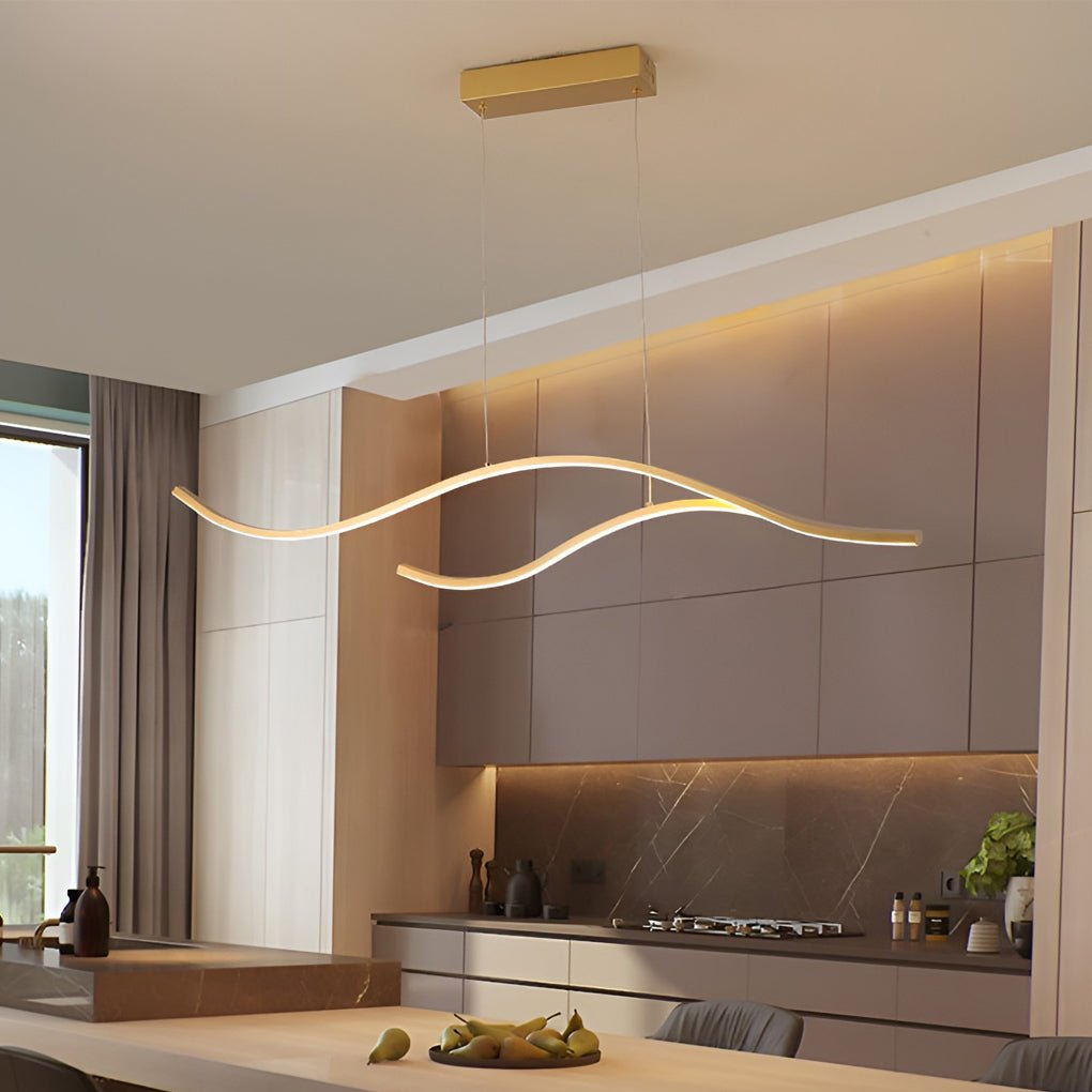 Curved LED Pendant Light, Wavy Linear Chandelier for Kitchen Island and Dining Table, Dimmable Modern Ceiling Light in Black, Gold or Chrome