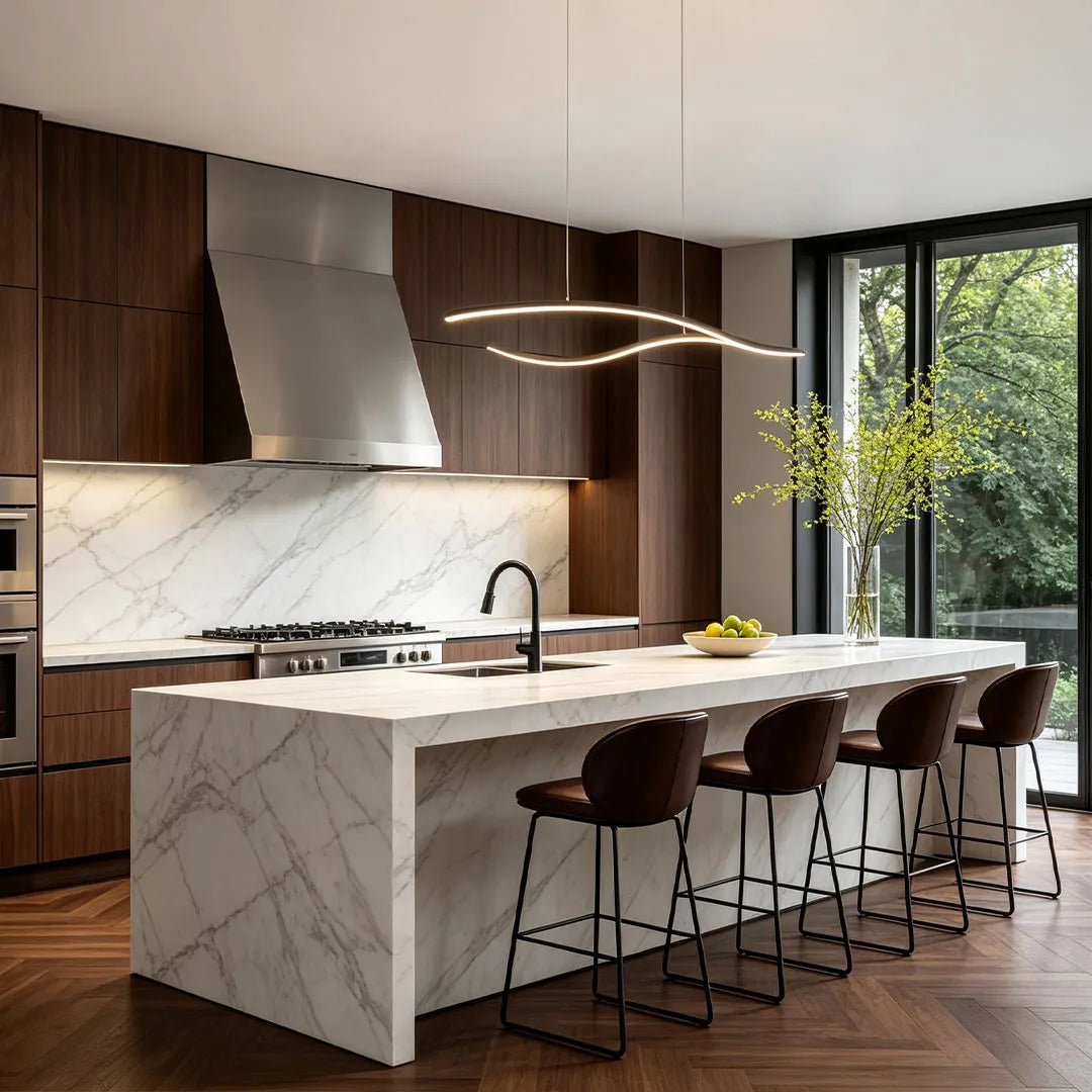 Curved LED Pendant Light, Wavy Linear Chandelier for Kitchen Island and Dining Table, Dimmable Modern Ceiling Light in Black, Gold or Chrome