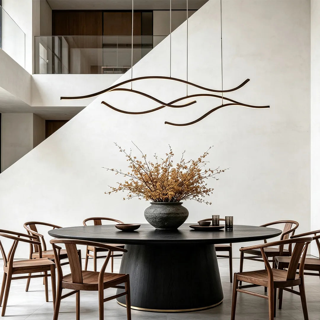 Curved LED Pendant Light, Wavy Linear Chandelier for Kitchen Island and Dining Table, Dimmable Modern Ceiling Light in Black, Gold or Chrome