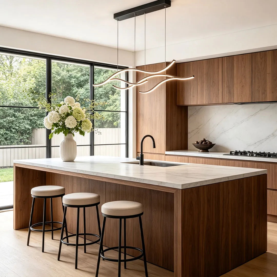 Curved LED Pendant Light, Wavy Linear Chandelier for Kitchen Island and Dining Table, Dimmable Modern Ceiling Light in Black, Gold or Chrome
