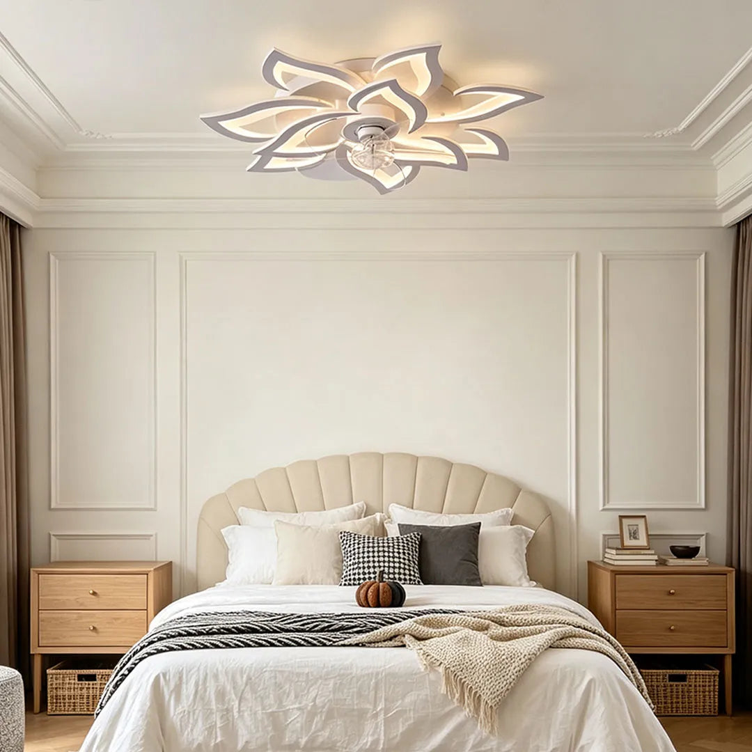 Decorative Ceiling Fan with Light, Nordic Line-Art LED Fixture for Bedrooms and Living Rooms, Stepless Dimming in Five Artistic Styles
