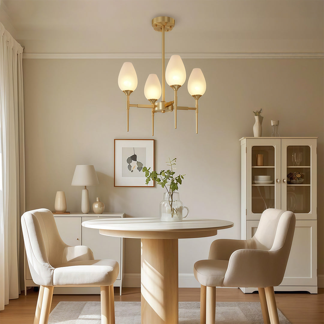 Glass chandelier in a warm contemporary dining room