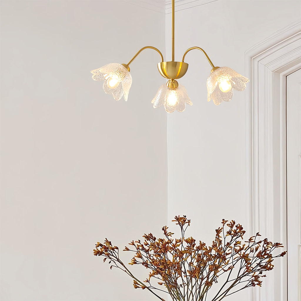Designer flower glass chandelier hanging in a living space