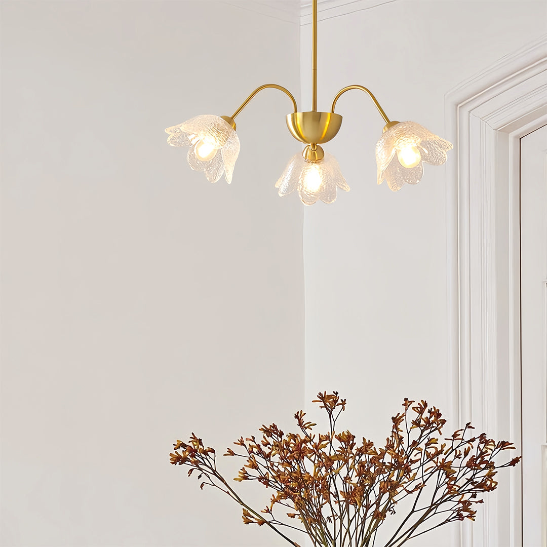 Designer flower glass chandelier hanging in a living space
