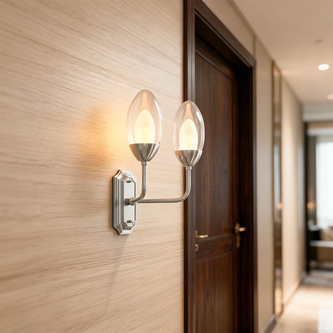 Glass wall light used as an accent in a contemporary hallway