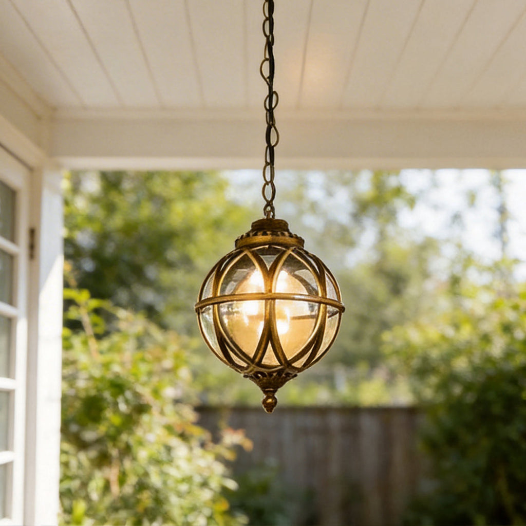 Globe Pendant Light, Retro Metal Orb Moisture-Proof Ceiling Fixture for Porch and Courtyard, 3000K Warm LED in Black or Bronze