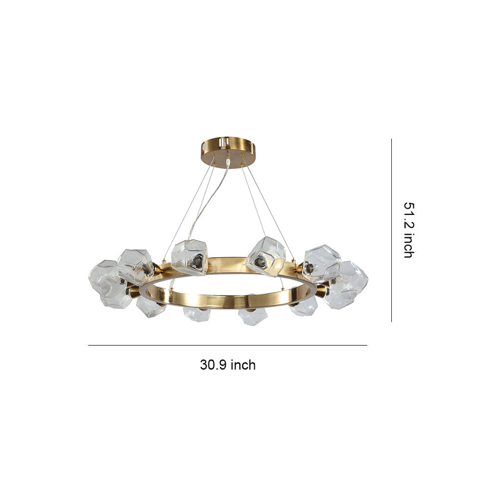 Round Chandelier, Gold Metal and Clear Glass Ring Ceiling Light for Entryway, Adjustable Cord