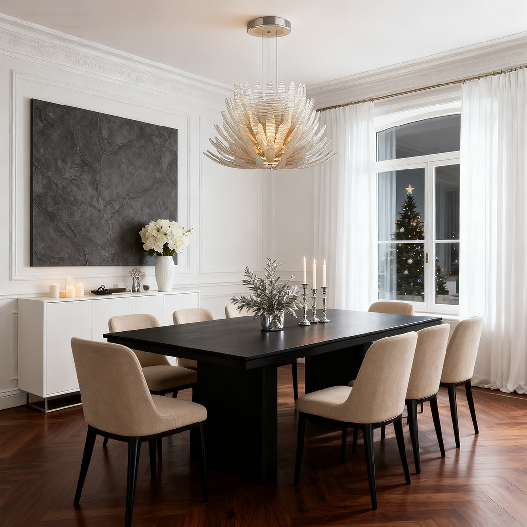 Deco chandelier hanging in a dining room interior