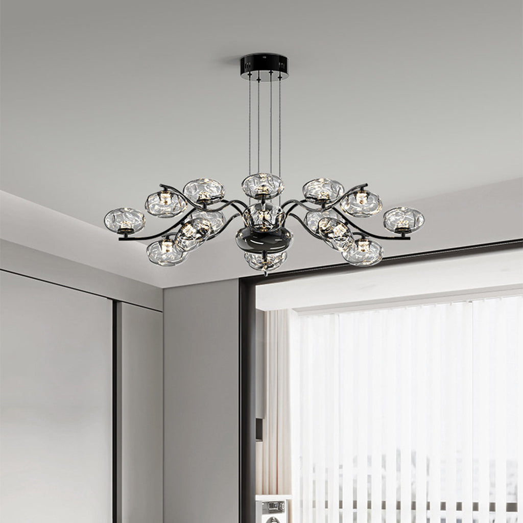 LED chandelier giving ambient light above a dining table