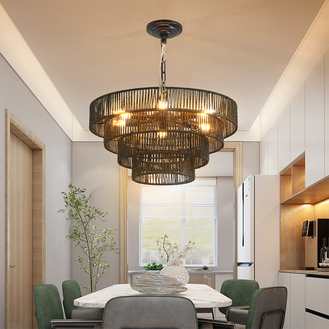 Japanese Chandelier, Iron and Jute Rope Zen Ceiling Light for Dining Room, 6 or 8 Lights