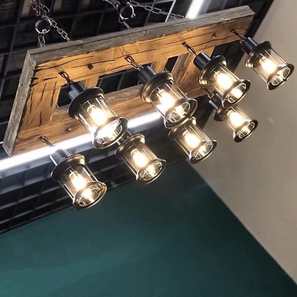 Linear Lantern Chandelier, Wood and Glass 8-Light Ceiling Light for Dining Room, 37 Inches Wide