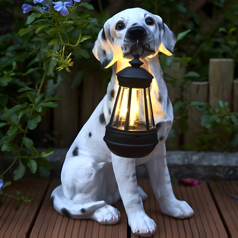 Dalmatian statue solar garden light holding a small lantern