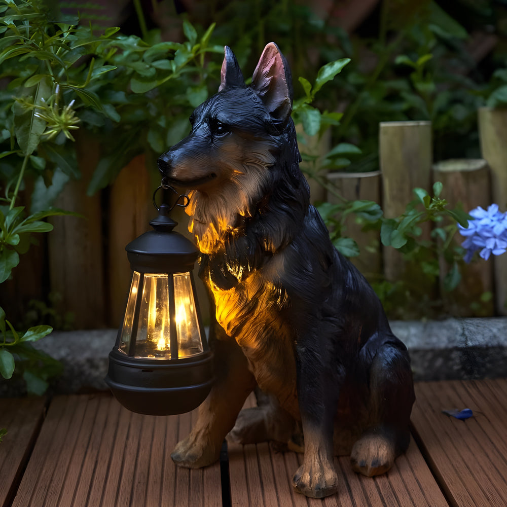 German shepherd statue solar garden light holding a lantern