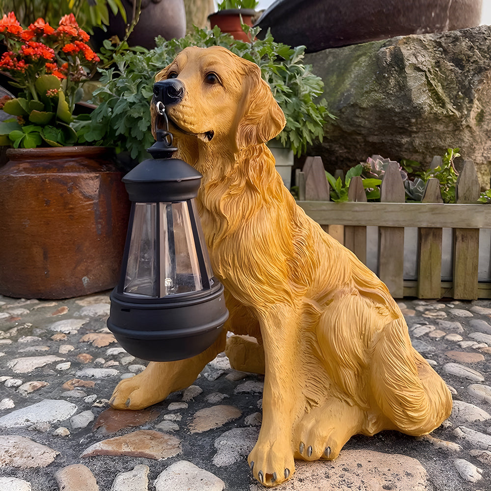 Golden retriever statue solar light placed in a garden