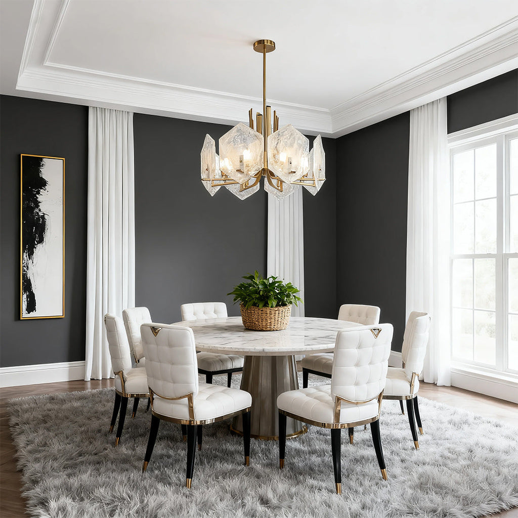 Geometric Chandelier, Gold Metal and Clear Glass Ceiling Light for Entryway, Adjustable Rod