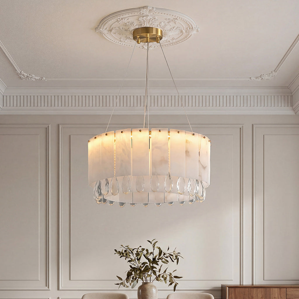 Brass Chandelier, Solid Brass and Alabaster Drum Ceiling Light for Dining Room, Warm 3000K